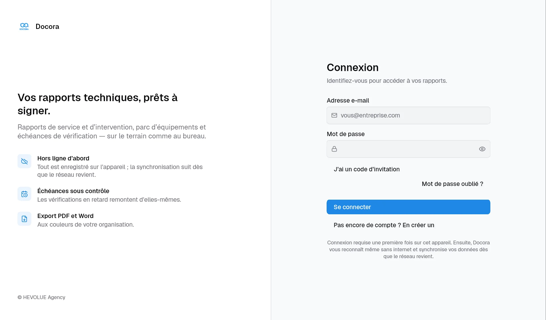 L'écran de connexion de Docora.