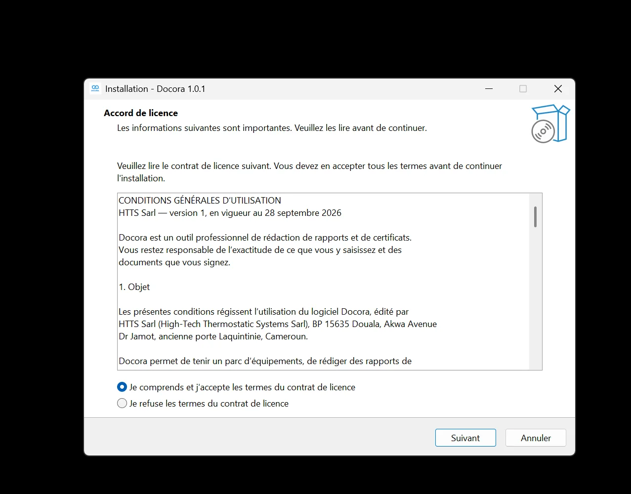 L'écran de licence de l'assistant d'installation.