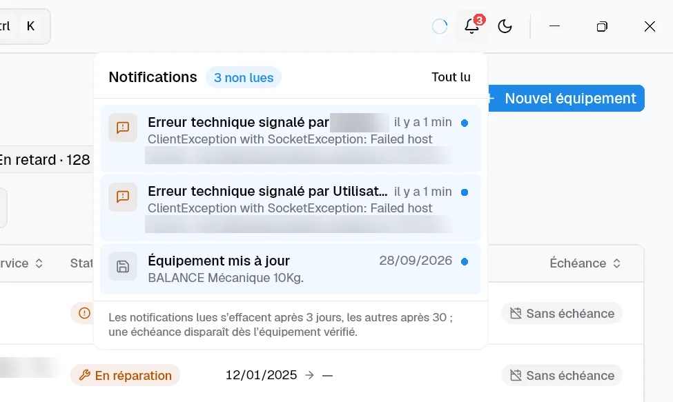 Le panneau de notifications : deux erreurs techniques signalées aux administrateurs.