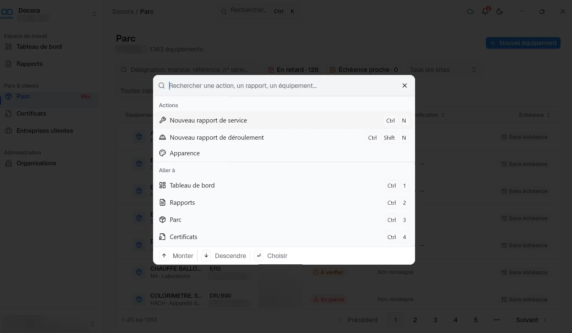La palette de commandes de Docora ouverte sur l’écran du parc
